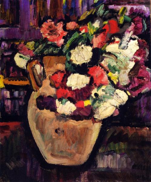 A Still Life Of Flowers In A Yellow Jug by George Leslie Hunter