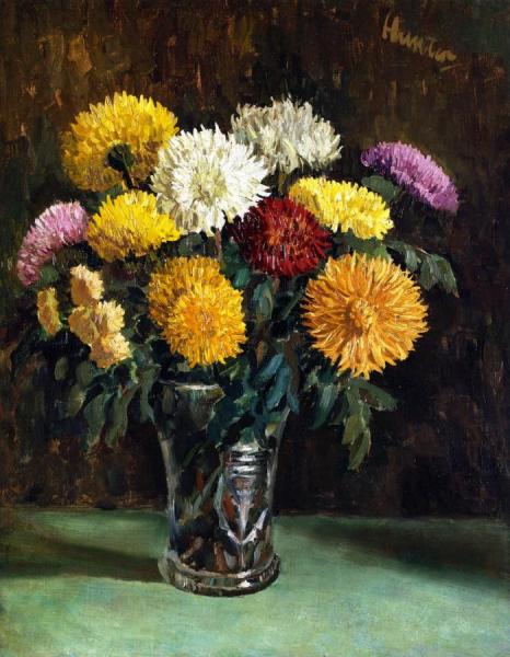 George Leslie Hunter Chrysanthemums In A Cut Glass Vase