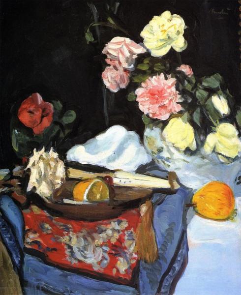 Fruit And Flowers On A Draped Table by George Leslie Hunter Oil Painting Reproductions