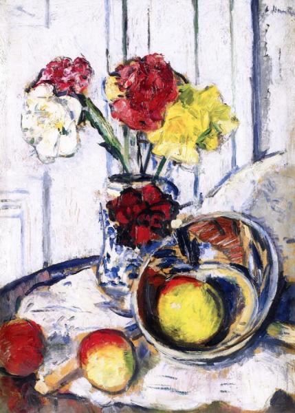 Still Life Of Apples And Flowers In A Blue Vase by George Leslie Hunter