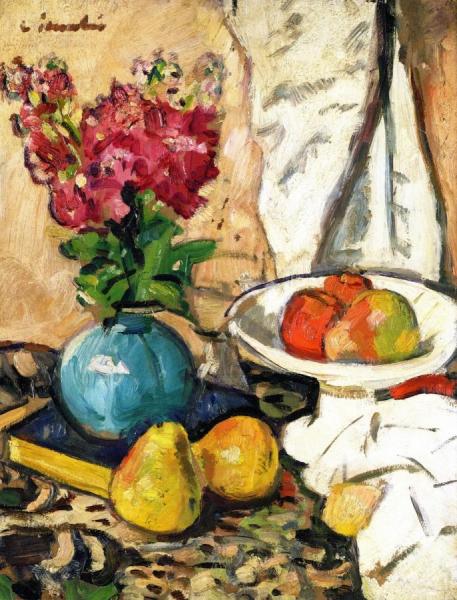 Still Life With Fruit And Flowers In A Green Vase by George Leslie Hunter