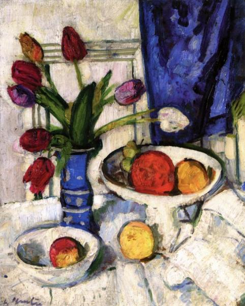 Still Life With Tulips And Fruit by George Leslie Hunter