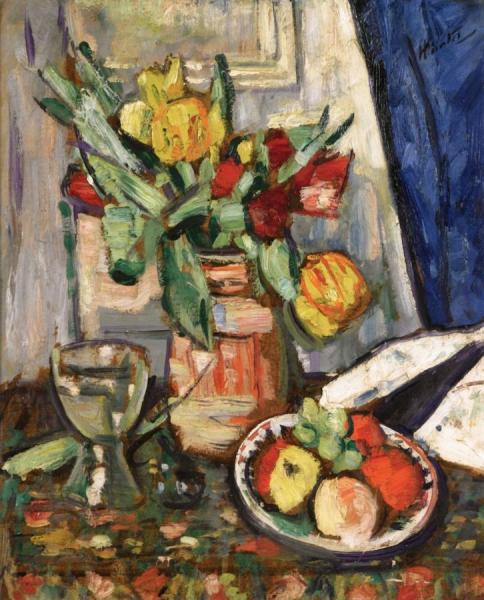 Still Life With Tulips And Fruit by George Leslie Hunter