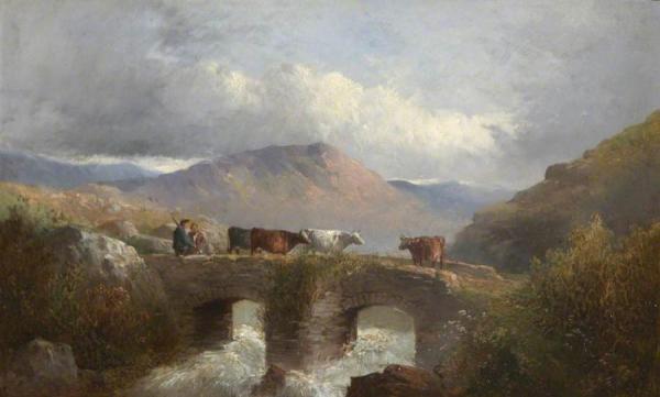 Herdsman With Cattle Crossing Bridge by George Morland