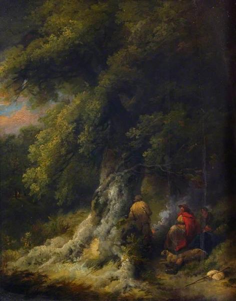 George Morland Landscape With Gypsy Figures At A Fire In A Wood