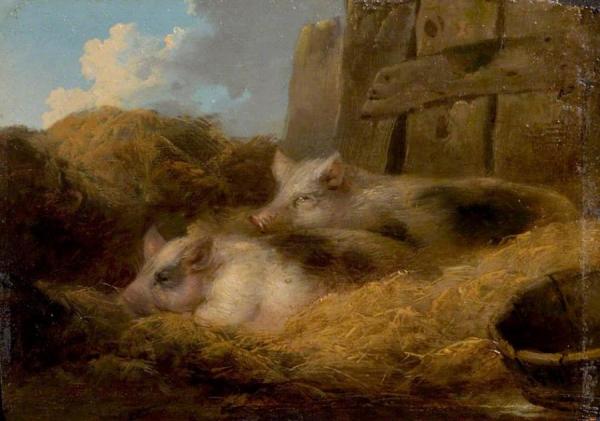Two Pigs In Straw by George Morland