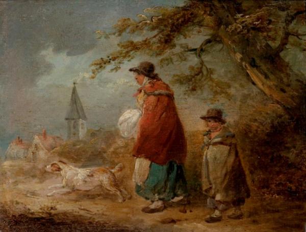 Woman, Child And Dog On A Road by George Morland Oil Painting Reproductions