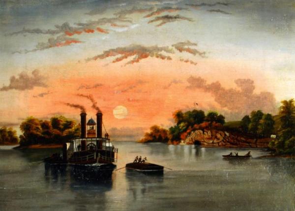 Steamboat And Barge At Sunset by George Morrison