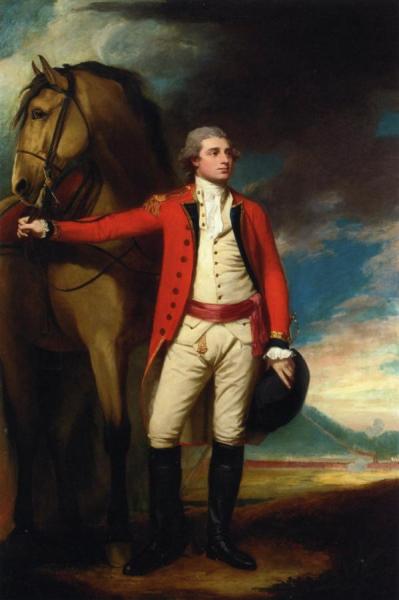 Portrait Of Major James Harelty, Full-length, In Uniform, Holding His Horse, A Formation Of Soldiers Beyond by George Romney