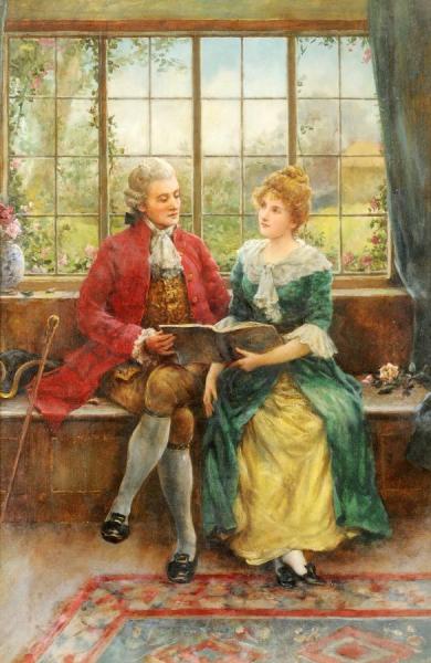 Elegant Young Lady And Gentleman Seated On A Window Seat Reading A Book by George Sheridan Knowles