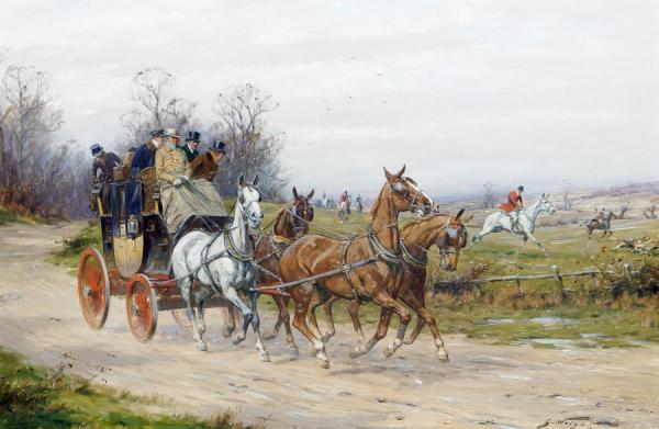 A Stagecoach Drawing Alongside A Hunt by George Wright Oil Painting Reproductions