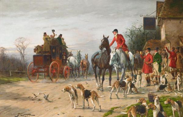 The Hunt Pausing For Refreshment Outside The 'fox And Hounds' by George Wright Oil Painting Reproductions