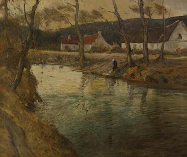 Farmhouses Beside A River by Georges Ames Aldrich
