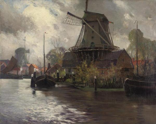 Windmills Along A River by Georges Ames Aldrich