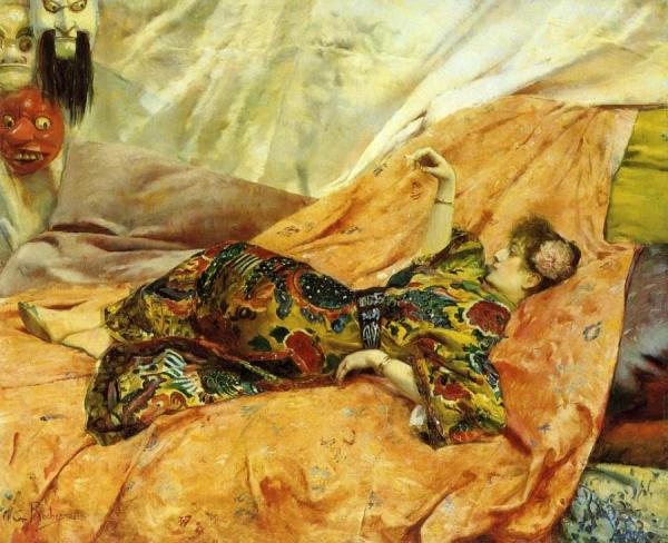 Portrait Of Sarah Bernhardt, Reclining In A Chinese Style Interior by Georges Antoine Rochegrosse