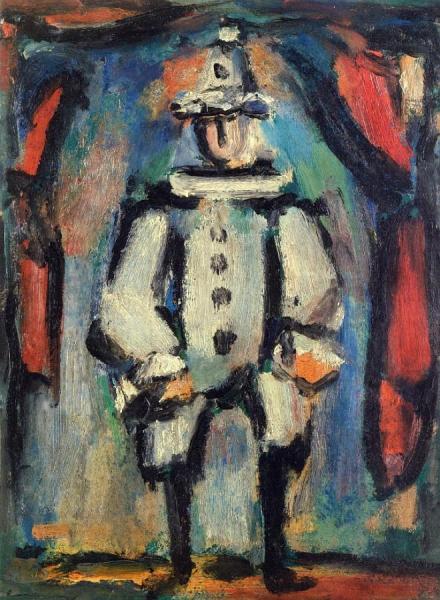 Pierrot In Front Of Red Curtains, Entrance by Georges Rouault