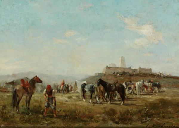 Georges Washington Arab Camp Below Fortified Town With Mosque And Tower