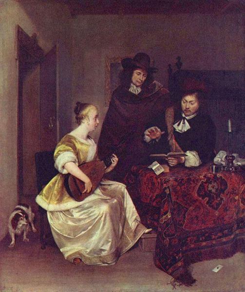A Woman Playing A Theorbo To Two Men by Gerard Ter Borch The Younger Oil Painting Reproductions