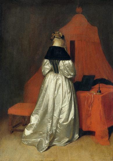 Eine Dame In Weissem Atlas Vor Dem Bett Mit Roten Vorhaengen by Gerard Ter Borch The Younger Oil Painting Reproductions