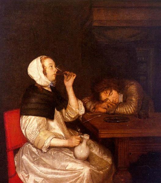 Gerard Ter Borch The Younger Woman Drinking With Sleeping Soldier