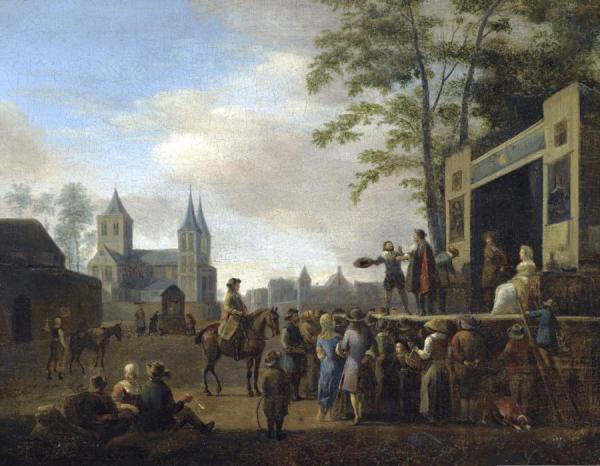 A Stage Play In A Village Street, With Numerous Villagers Watching, A Church, Etc. by Gerrit Adriaenszoon Berckheyde Oil Painting Reproductions