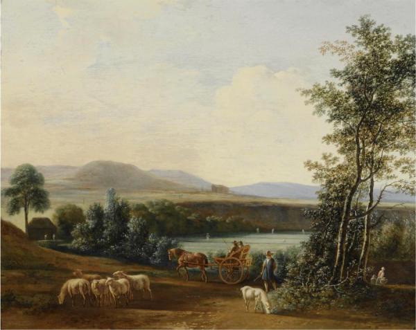 An Extensive Hilly Landscape With A Horse-drawn Carriage With Elegant by Gerrit Adriaenszoon Berckheyde Oil Painting Reproductions