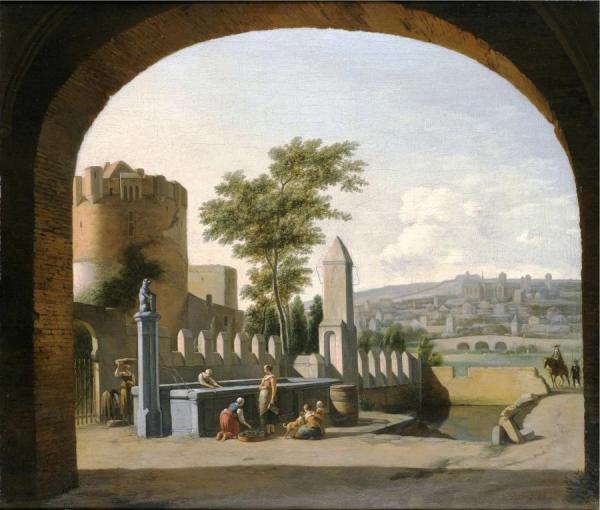Women Gathered Around A Fountain Outside A Castle With A Gentleman. Etc. by Gerrit Adriaenszoon Berckheyde