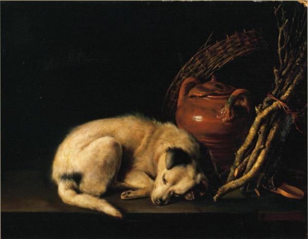 A Sleeping Dog Beside A Terracotta Jug, A Basket, And A Pile Of Kindling Wood by Gerrit Dou Oil Painting Reproductions