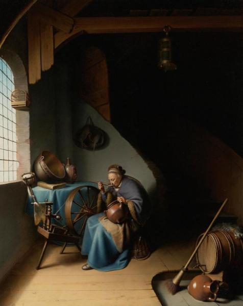 An Elderly Woman, Seated By A Window At Her Spinning Wheel, Eating Porridge by Gerrit Dou