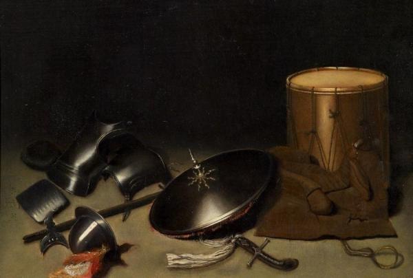 Still Life With Armor, Shield, Halberd, Sword, Leather Jacket And Drum by Gerrit Dou