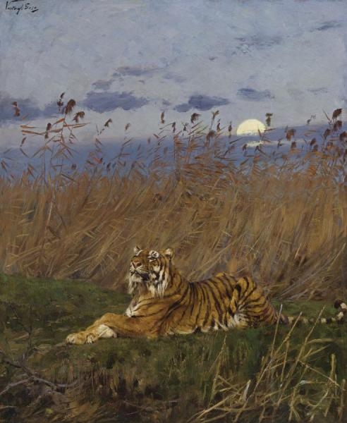 A Tiger Among Rushes In The Moonlight by Geza Vastagh