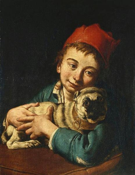 A Boy In A Blue Jacket And A Red Hat, Holding A Pug On A Cushion by Giacomo Ceruti
