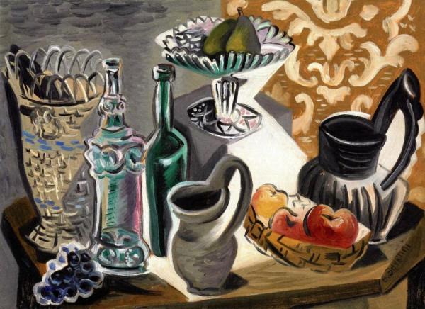 Gino Severini Still Life With Basket, Two Bottles And Fruiti