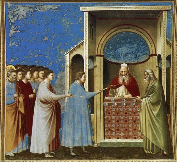 Scenes From The Life Of The Virgin: 3. The Bringing Of The Rods To The Temple (cappella Scrovegni (arena Chapel), Padua) by Giotto Di Bondone