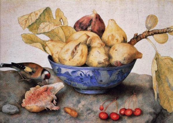 Giovanna Garzonni Chinese Bowl With Figs, Cherries, And A Bird