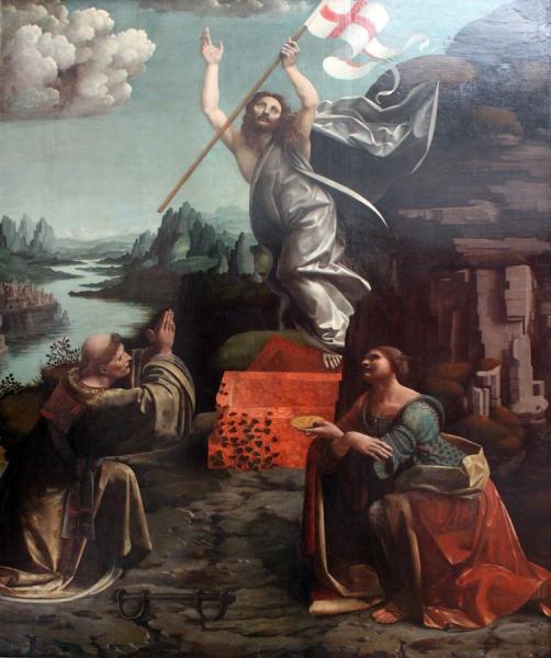 The Resurrection Of Christ With Saint Leonard Of Noblac And Lucia by Giovanni Antonio Boltraffio