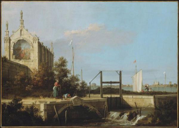 A Sluice On A River With A Chapel by Giovanni Antonio Canal (called Canaletto)