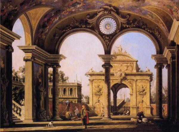 Capriccio Of A Renaissance Triumphal Arch Seen From The Portico Of A Palace by Giovanni Antonio Canal (called Canaletto)