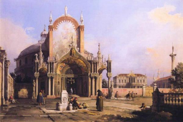 Capriccio Of A Round Church With An Elaborate Gothic Portico In A Piazza, A Palladian Piazza And A Gothic Church Beyond by Giovanni Antonio Canal (called Canaletto)