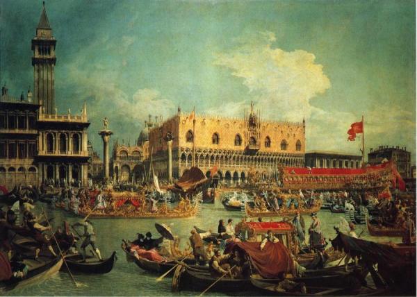 The Bucintgoro By The Molo On Ascension Day by Giovanni Antonio Canal (called Canaletto)