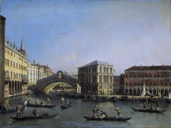 The Grand Canal With The Rialto Bridge And Fondaco Dei Tedeschi by Giovanni Antonio Canal (called Canaletto)