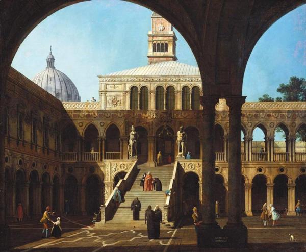 Venice:  Caprice View Of The Courtyard Of The Doge's Palace With The Scala Dei Giganti by Giovanni Antonio Canal (called Canaletto)