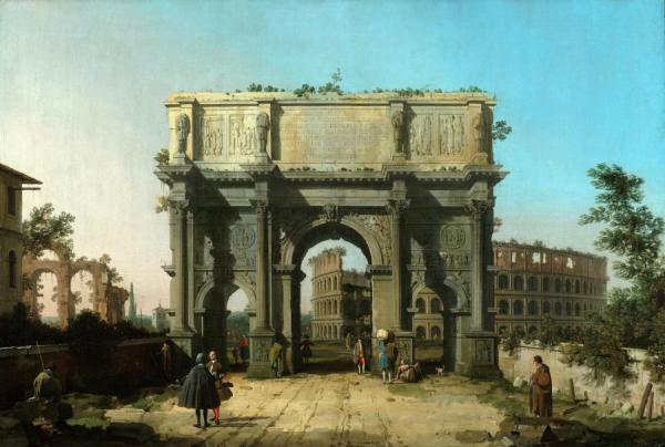 View The Arch Of Constantine With The Coliseum by Giovanni Antonio Canal (called Canaletto)