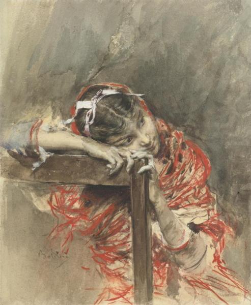 A Girl Wearing A Red Shawl by Giovanni Boldini