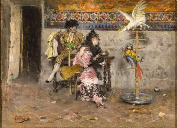 Couple In Spanish Dress With Two Parrots by Giovanni Boldini