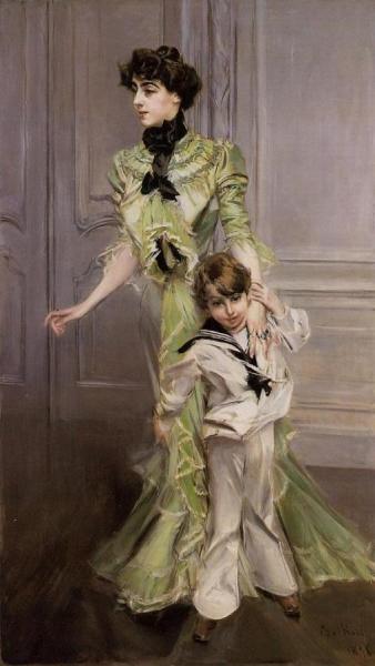 Portrait Of Madame Georges Hugo (nee Pauleen Menard-dozian) And Her Son, Jean by Giovanni Boldini