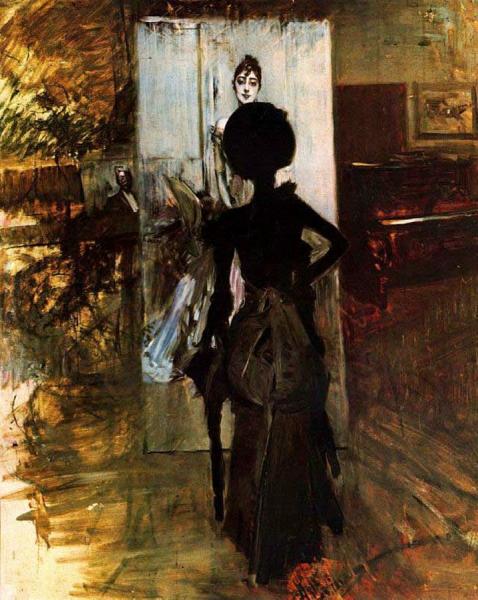 Woman In Black Looking At The Portrait Of Signora Emiliana Concha De Ossa by Giovanni Boldini Oil Painting Reproductions