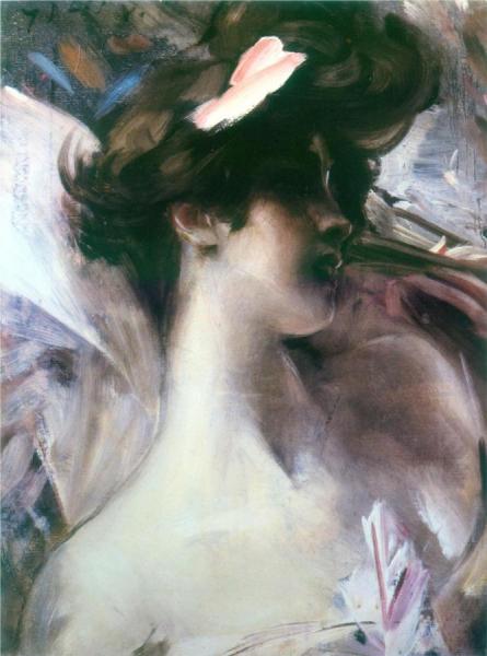 Young Woman's Head On A Pink Background by Giovanni Boldini