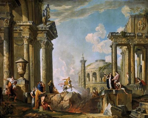 A Capriccio Of A Saint Preaching To Classical Figures Among Roman Ruins by Giovanni Paolo Panini