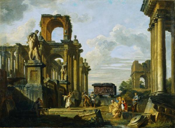 An Architectural Capriccio Of The Roman Forum With Philosophers And Soldiers Among Ancient Ruins by Giovanni Paolo Panini Oil Painting Reproductions